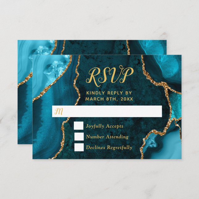 Cartão RSVP Teal Blue and Gold Agate Marble (Frente/Verso)