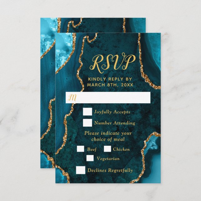 Cartão RSVP Teal Blue and Gold Agate Wedding Meal Choice (Frente/Verso)