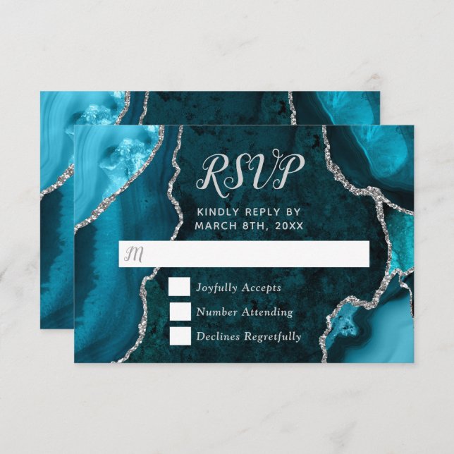 Cartão RSVP Teal Blue and Silver Agate Marble (Frente/Verso)