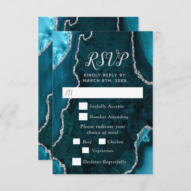 Cartão RSVP Teal Blue and Silver Agate Wedding Meal Choice (Frente/Verso)