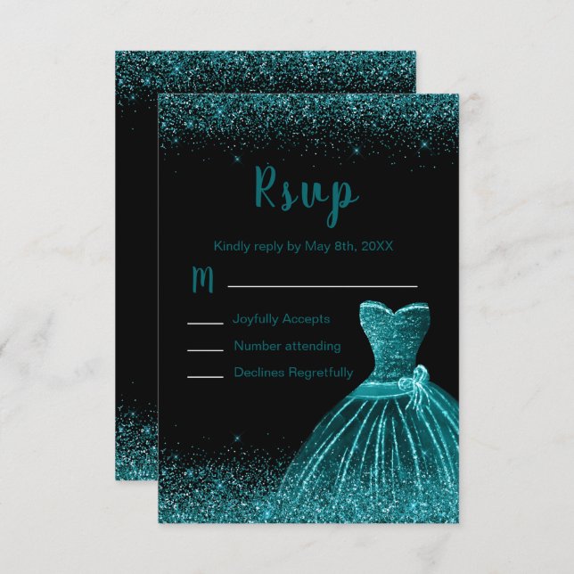 Cartão RSVP Teal Blue Dress Faux Glitter Sweet 16 Birthday (Frente/Verso)