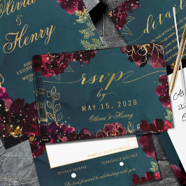 Cartão RSVP Teal Bordeaux Jewel Tone Casado Sem Escolha De Ref