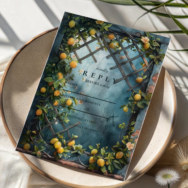 Cartão RSVP Teal Citrus Blossom Garden Wedding (Criador carregado)