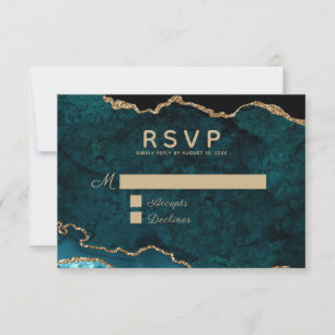 Cartão RSVP Teal Dourado Agate Wedding