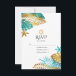 Cartão RSVP Teal e Dourada Bat Tropical Mitzvah<br><div class="desc">Celebre o seu Bat Mitzvah com esta elegante e moderna placa RSVP. Apresentando um design de folhas de palma e de ouro com uma estrela de David, esta carta mistura perfeitamente um tema tropical com os elementos judeus tradicionais. Totalmente personalizável, é ideal para dar o tom para uma celebração singular...</div>
