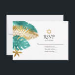 Cartão RSVP Teal e Dourada Bat Tropical Mitzvah<br><div class="desc">Celebre o seu Bat Mitzvah com esta elegante e moderna placa RSVP. Apresentando um design de folhas de palma e de ouro com uma estrela de David, esta carta mistura perfeitamente um tema tropical com os elementos judeus tradicionais. Totalmente personalizável, é ideal para dar o tom para uma celebração singular...</div>