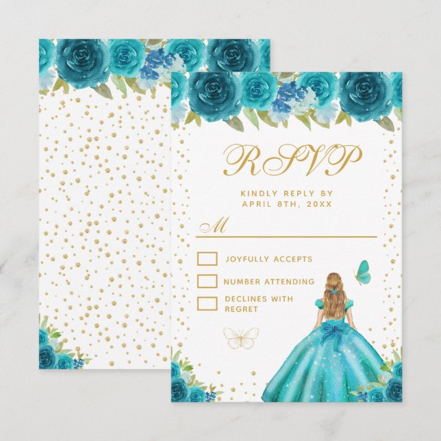 Cartão RSVP Teal Floral Blonde Hair Princess Sweet Sixteen (Frente/Verso)