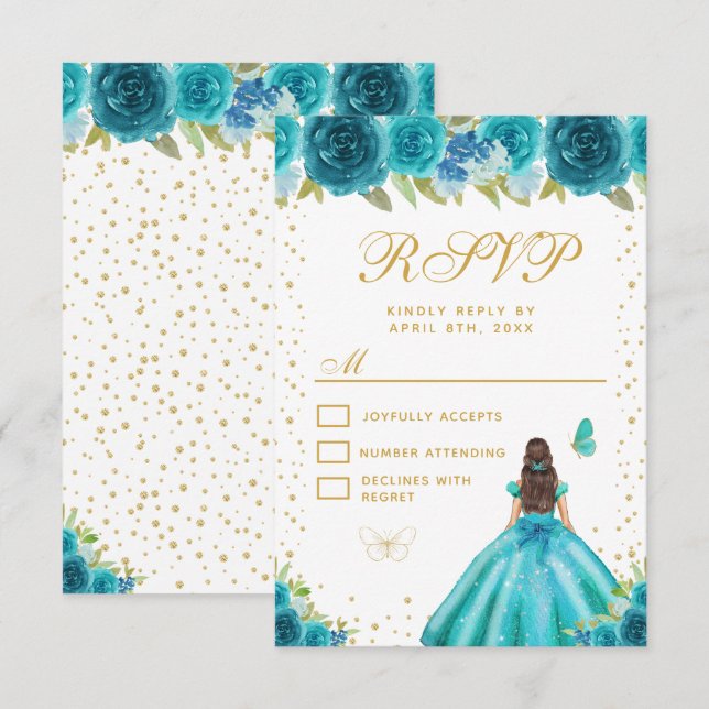 Cartão RSVP Teal Floral Brunette Hair Princess Sweet Sixteen (Frente/Verso)