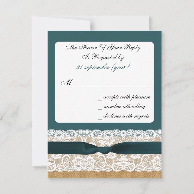 Cartão RSVP Teal Lace e Burlap Weding (Frente)