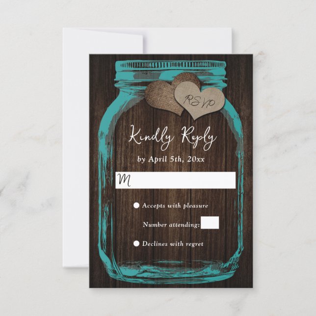 Cartão RSVP Teal Mason Jar Burlap Hearts Wood Wedding (Frente)