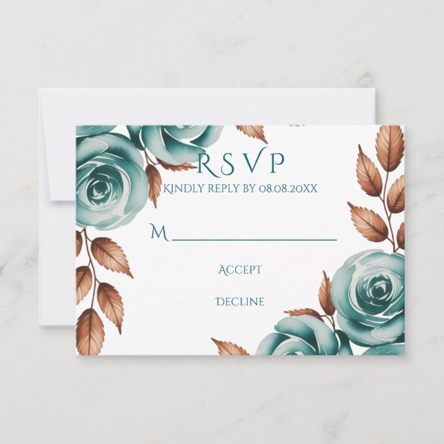 Cartão RSVP Teal Roses and Bronze Leaves Wedding (Frente)