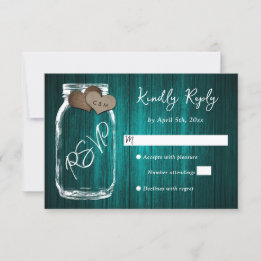 Cartão RSVP Teal Rustic Wood Mason Jar Burlap Hearts Wedding