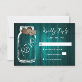 Cartão RSVP Teal Rustic Wood Mason Jar Burlap Hearts Wedding