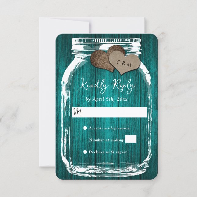 Cartão RSVP Teal Rustic Wood Mason Jar Fall Wedding (Frente)