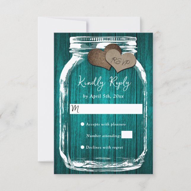 Cartão RSVP Teal Rustic Wood Mason Jar Fall Wedding (Frente)