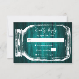 Cartão RSVP Teal Rustic Wood Mason Jar Rustic Fall Wedding