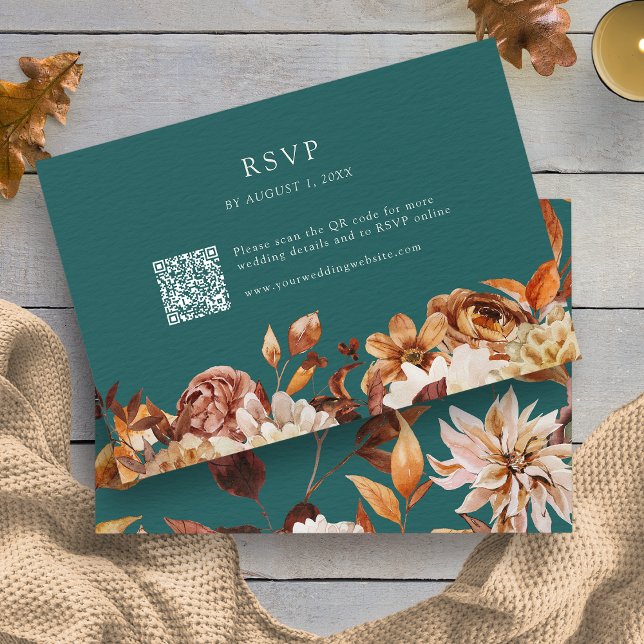 Cartão RSVP Teal Rústico (Rustic Fall Leaves Floral Teal RSVP Card QR Code by Painted Paperie
)