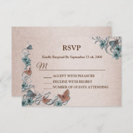 Cartão RSVP Teal Silver Floral Copper Butterfly Tan Wedding