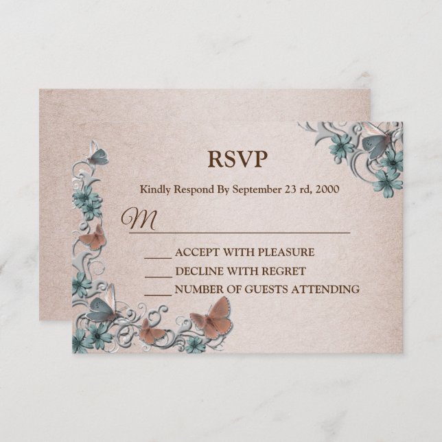 Cartão RSVP Teal Silver Floral Copper Butterfly Tan Wedding (Frente/Verso)