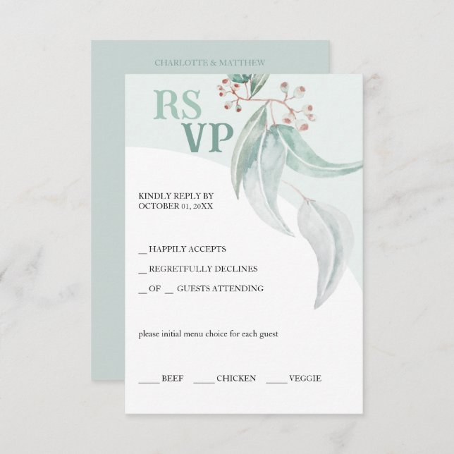 Cartão RSVP Técnica Elegante de Aquarela Eucalyptus Bohemian (Frente/Verso)