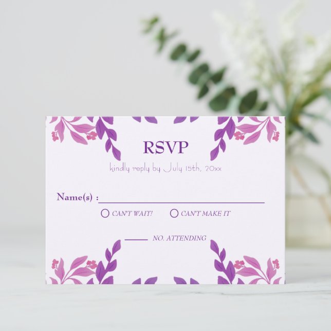 Cartão RSVP Tema de Casamento de Folhas Roxas (Em pé/Frente)