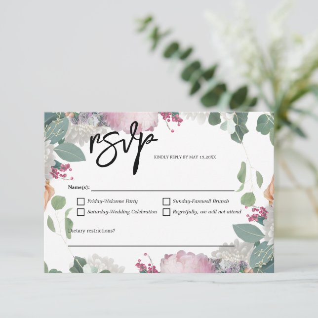 Cartão RSVP Tema de Casamento Floral (Em pé/Frente)