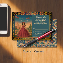 Cartão RSVP Tema de vestido rojo de quinceañera vintage