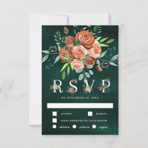 Cartão RSVP Terracota Floral Esmeralda Casamento Laranja Queim