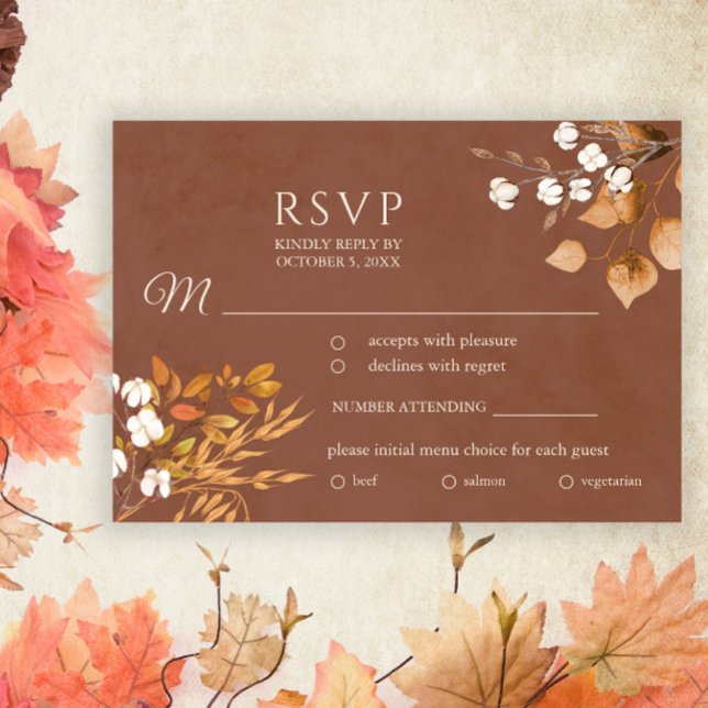 Cartão RSVP Terracotta Autumn Deixa Casamento outono Boho (Criador carregado)