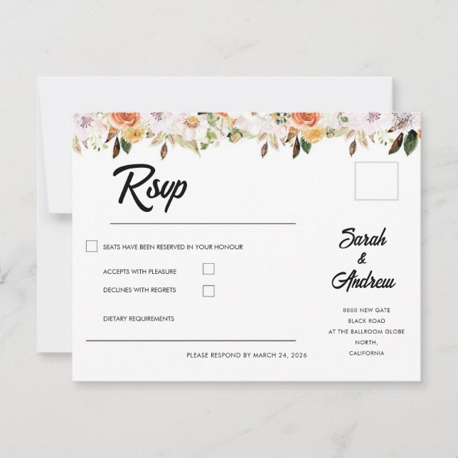 Cartão RSVP Terracotta Boho Autumn Floral Wedding (Frente)