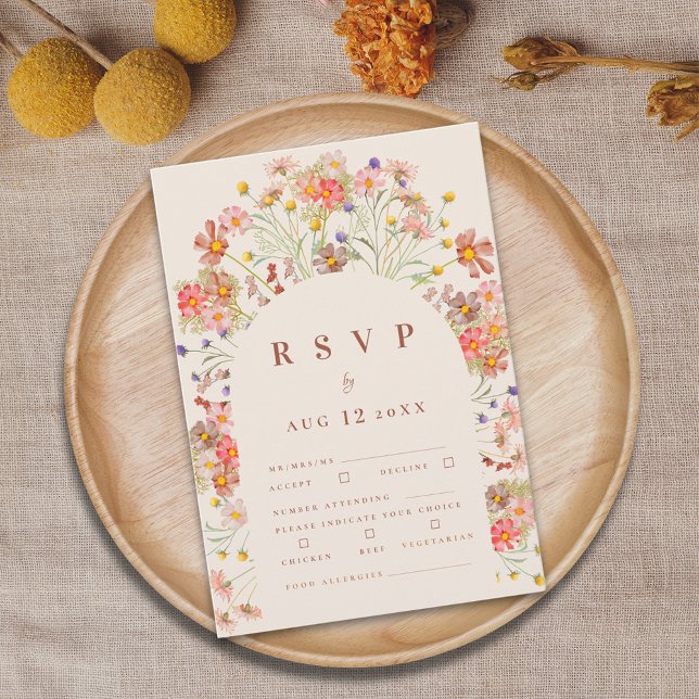 Cartão RSVP Terracotta Boho Fall Floral Meias (Boho fall rustic wildflower wedding rsvp card Watercolor florals meal options)