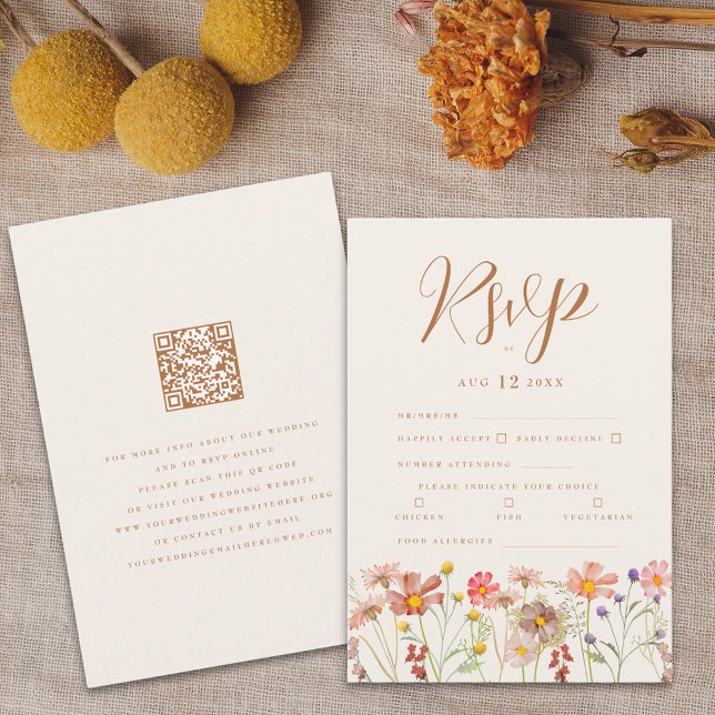 Cartão RSVP Terracotta Boho Fall Floral Meias (Boho fall wildflower wedding RSVP card terracotta burnt orange beige brown autumn watercolor florals)