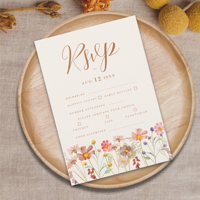 Cartão RSVP Terracotta Boho Fall Floral Meias (Boho wildflower fall wedding rsvp card terracotta burnt orange beige brown autumn watercolor florals)