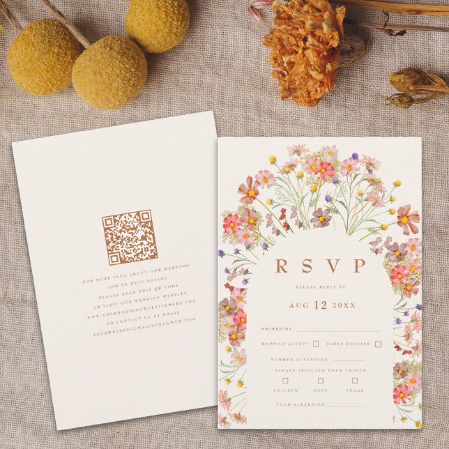 Cartão RSVP Terracotta Boho Fall Floral Meias (Terracotta Boho fall floral wedding rsvp card with website qr code)