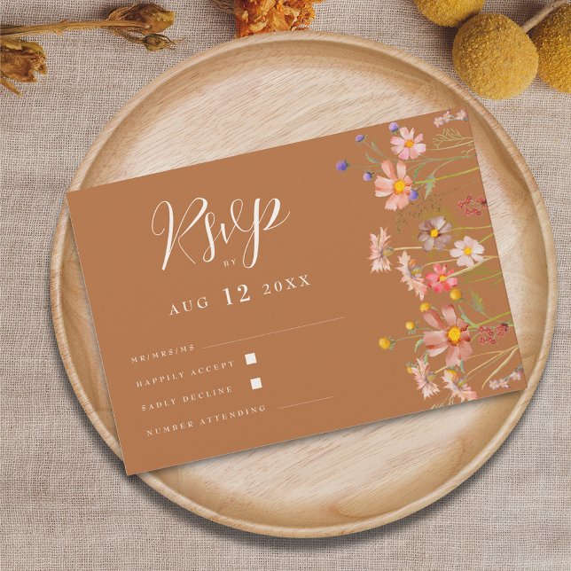 Cartão RSVP Terracotta Boho Fall Wildflower Weding (Terracotta boho fall floral wedding RSVP Elegant modern script watercolor wildflowers)