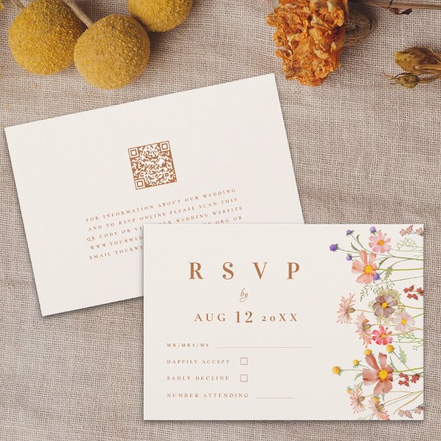 Cartão RSVP Terracotta Boho Fall Wildflower Weding (Boho fall Wildflower Wedding rsvp card with website qr code autumn watercolor florals terracotta)