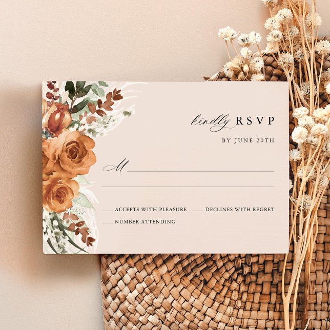 Cartão RSVP Terracotta Boho Rose Floral Watercolor Wedding (Terracotta rose floral boho RSVP card wedding stationery with pampas, watercolor, modern classic)