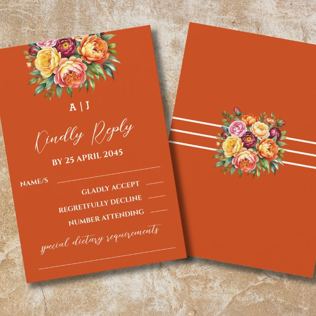 Cartão RSVP Terracotta Burgundy Rosas Casamento Floral (Criador carregado)