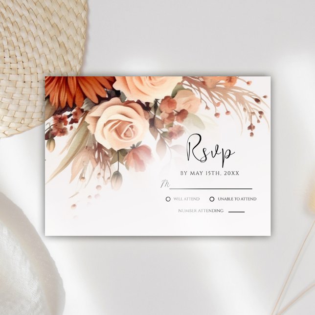 Cartão RSVP Terracotta Floral Moderno Casamento Botânico (Criador carregado)