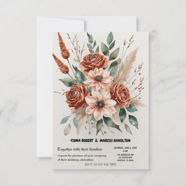 Cartão RSVP Terracotta Florals Rustic Boho Wedding (Frente)