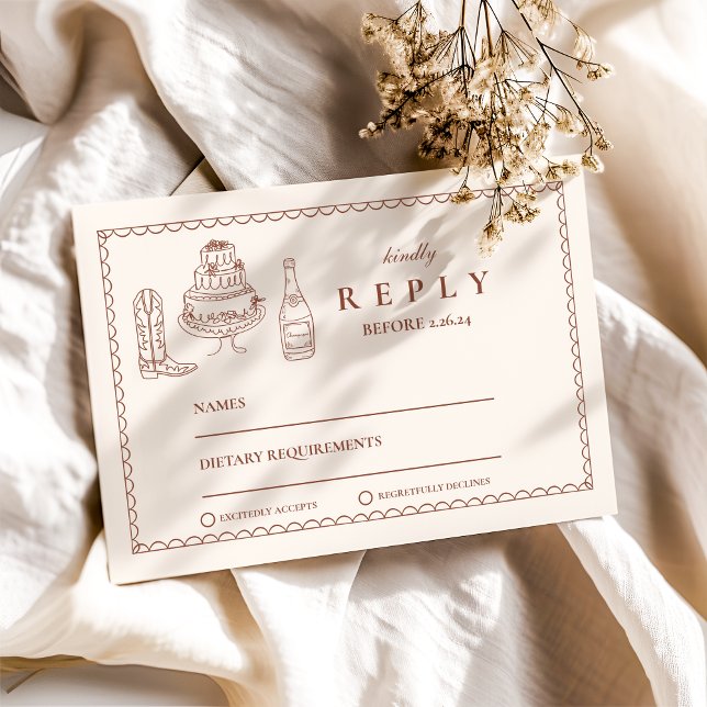 Cartão RSVP Terracotta Hand Drawn Funky Western Doodle Casamen (Criador carregado)