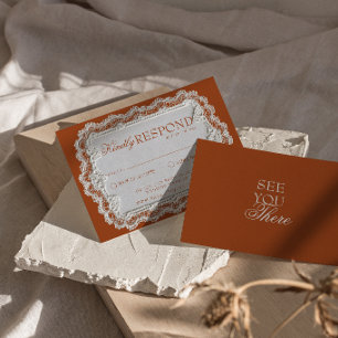 Cartão RSVP Terracotta Laranja Queimada Renda Casamento Retro