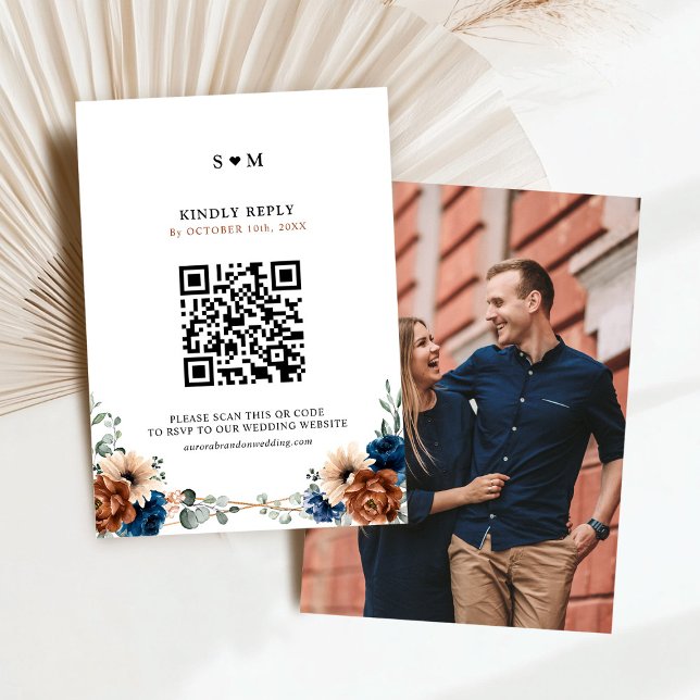 Cartão RSVP Terracotta Marinho Blue Greenery Casamento Geométr (Terracotta Navy Blue Greenery Geometric Wedding photo on back RSVP Card)
