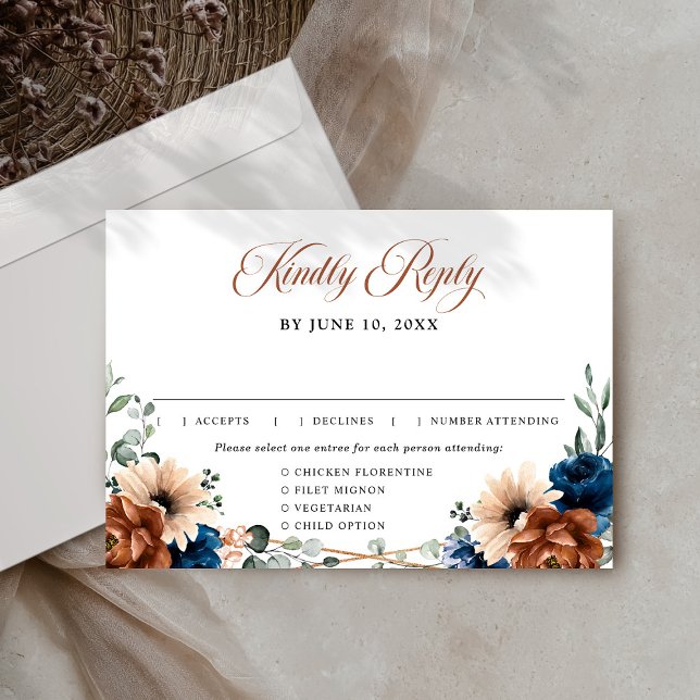 Cartão RSVP Terracotta Marinho Blue Greenery Casamento Geométr (Terracotta Navy Blue Greenery Geometric Wedding RSVP Card)