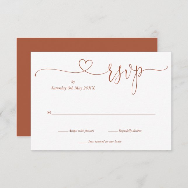Cartão RSVP Terracotta Modern Elegant Script Heart (Frente/Verso)