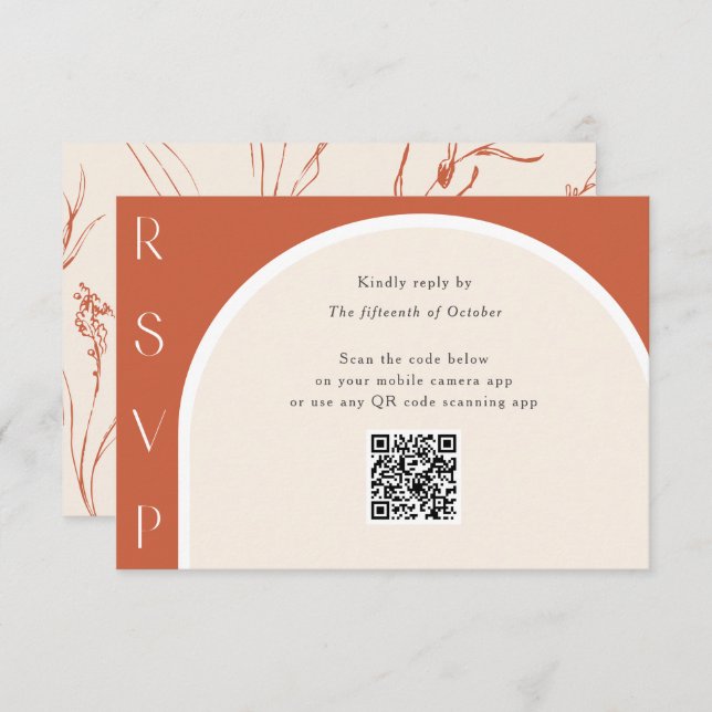 Cartão RSVP Terracotta QR code Modern Arch Wedding online (Frente/Verso)