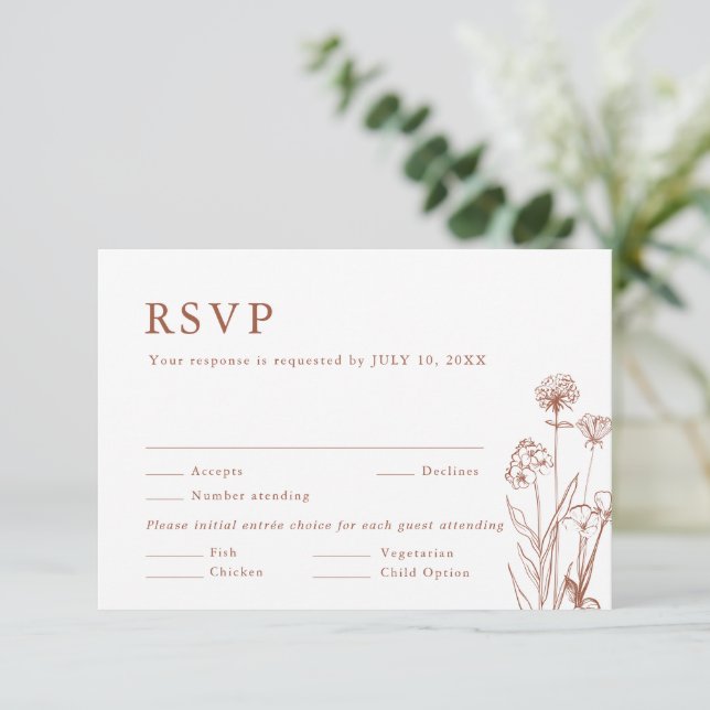 Cartão RSVP Terracotta Rustic Floral Fall Wildflower Casamento (Em pé/Frente)