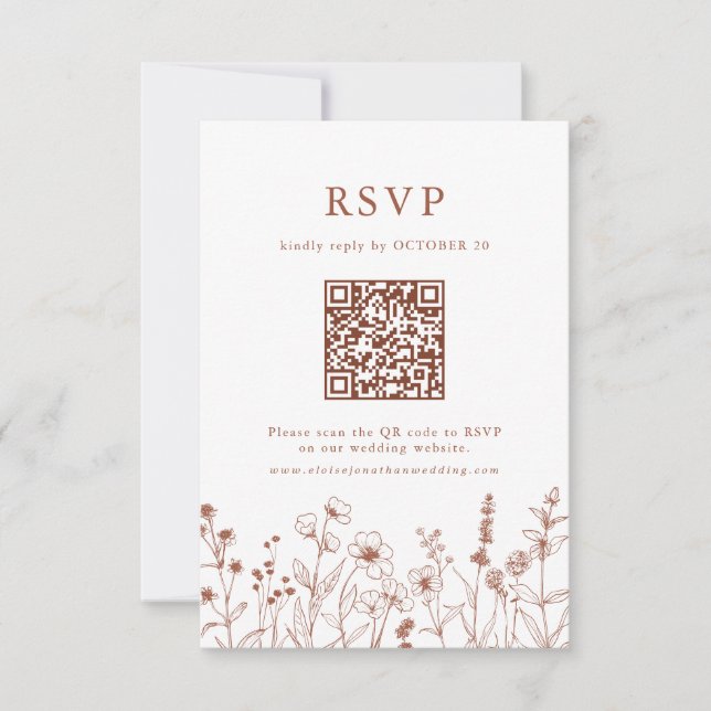 Cartão RSVP Terracotta Rustic Floral Fall Wildflower Código QR (Frente)