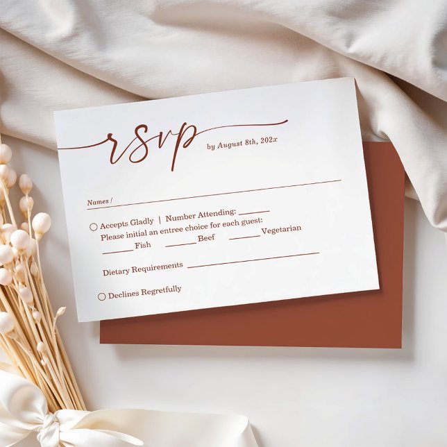 Cartão RSVP Terracotta Script com Casamento de Escolha de Refe (Criador carregado)