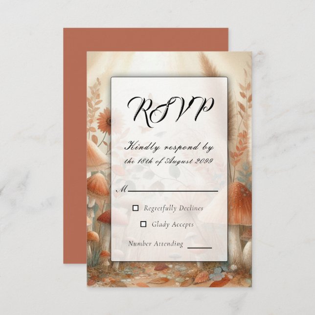 Cartão RSVP Terracotta Toadstool Woodland Casamento Mágico (Frente/Verso)
